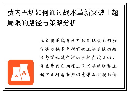 费内巴切如何通过战术革新突破土超局限的路径与策略分析 费内巴切如何通过战术革新突破土超局限的路径与策略分析