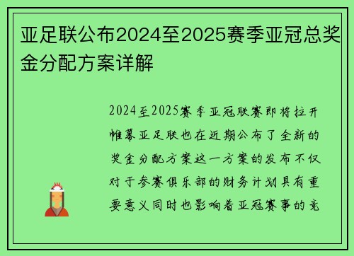 亚足联公布2024至2025赛季亚冠总奖金分配方案详解